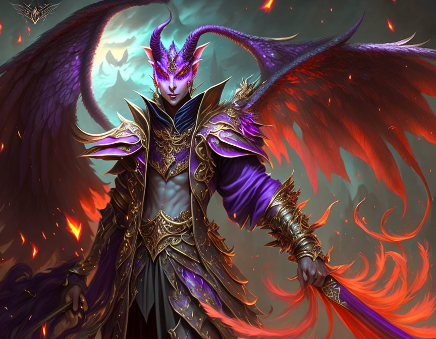 Fantasy character with fiery wings and purple skin in elaborate armor