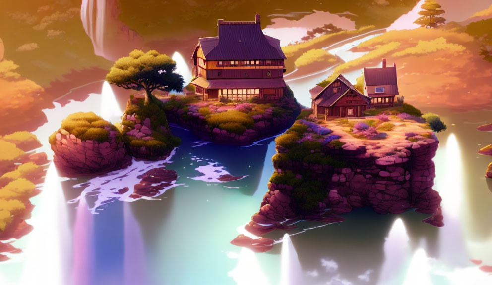 Digital artwork: Floating islands with traditional houses in surreal sunset sky