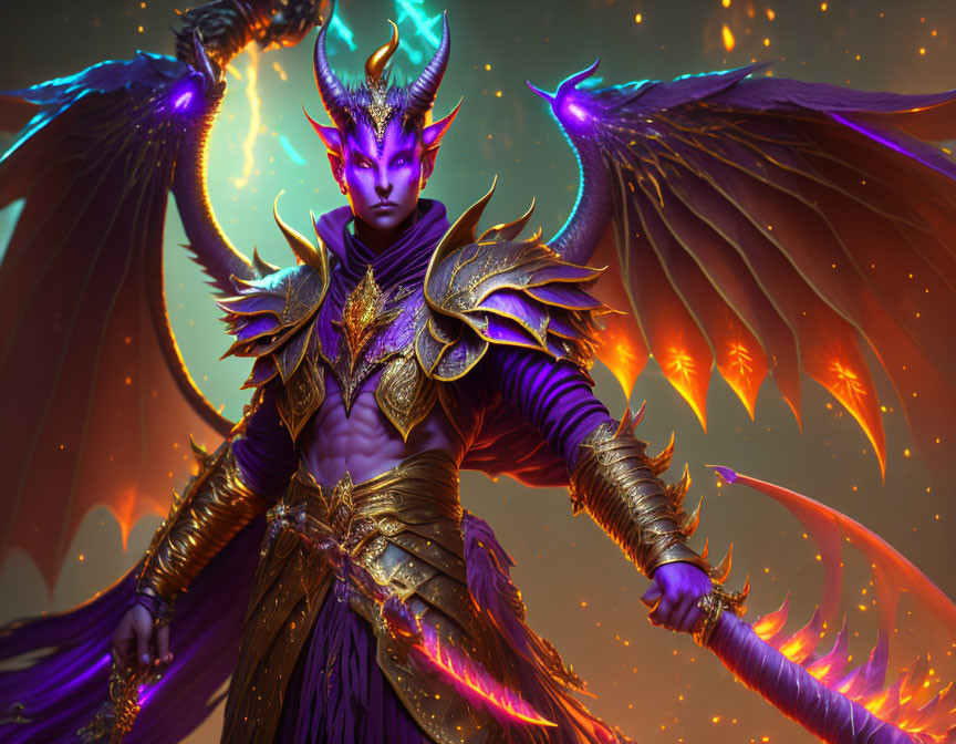 Majestic fantasy creature with horns and fiery wings in golden armor.