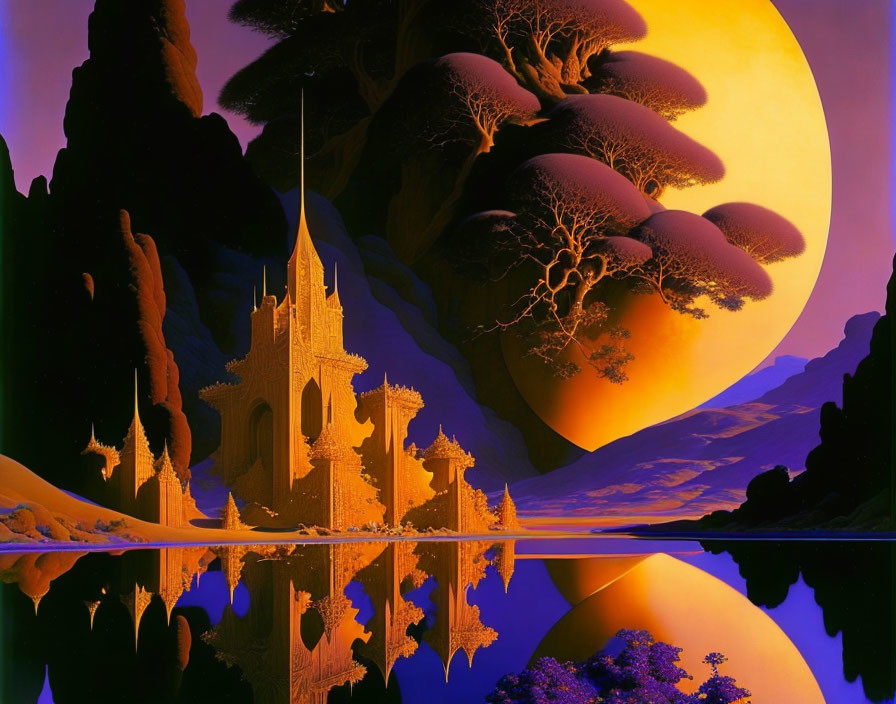 Surreal landscape with yellow moon, mirrored trees, castle, serene water