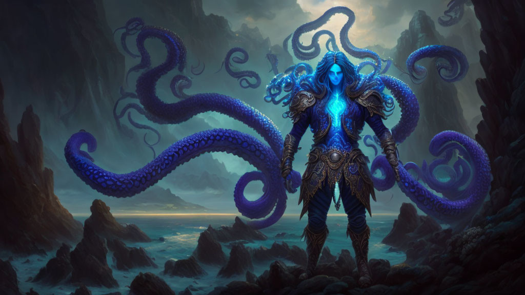 Blue tentacled creature in rocky landscape with misty ocean and gloomy sky