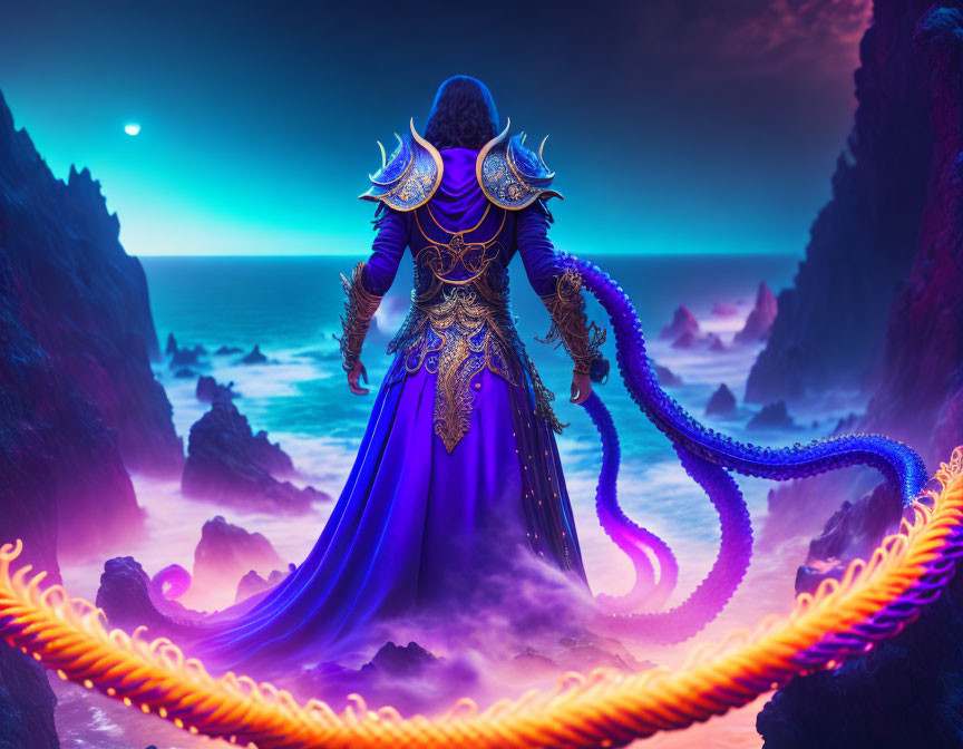 Detailed Blue and Gold Costume Figure Overlooking Neon-Lit Sea