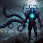 Blue tentacled creature in rocky landscape with misty ocean and gloomy sky