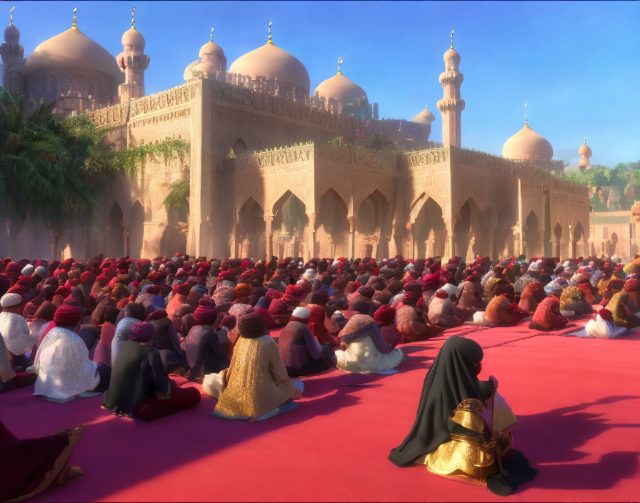 Colorful Animated Characters on Red Carpet in Front of Golden-Domed Buildings