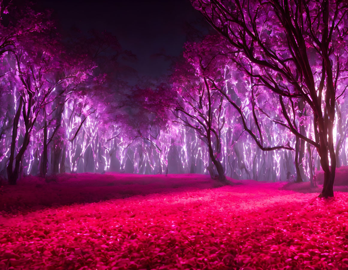 Mystical forest glade with purple light and pink foliage