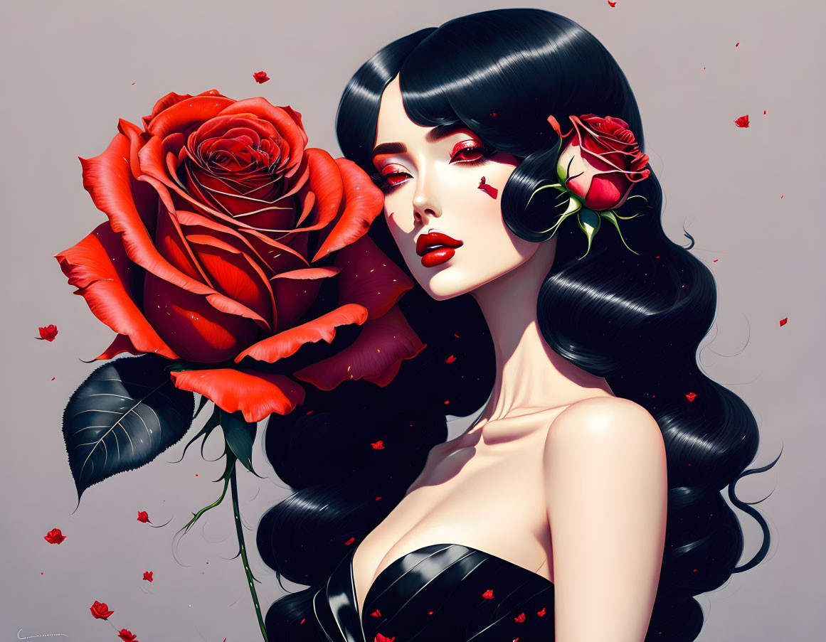 Woman with Black Hair Holding Giant Red Rose, Scattered Petals & Small Rose in Hair