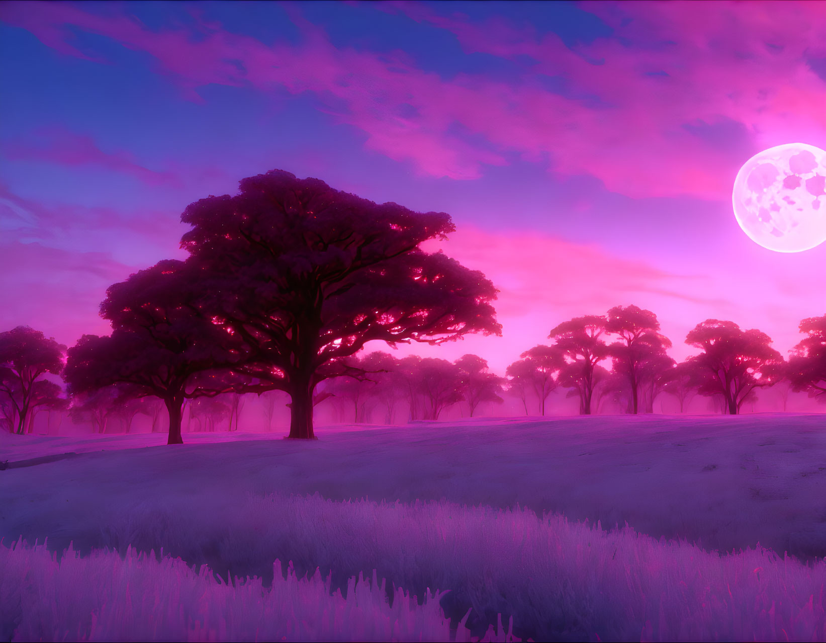 Vibrant pink skies, full moon, tree silhouette in surreal landscape.