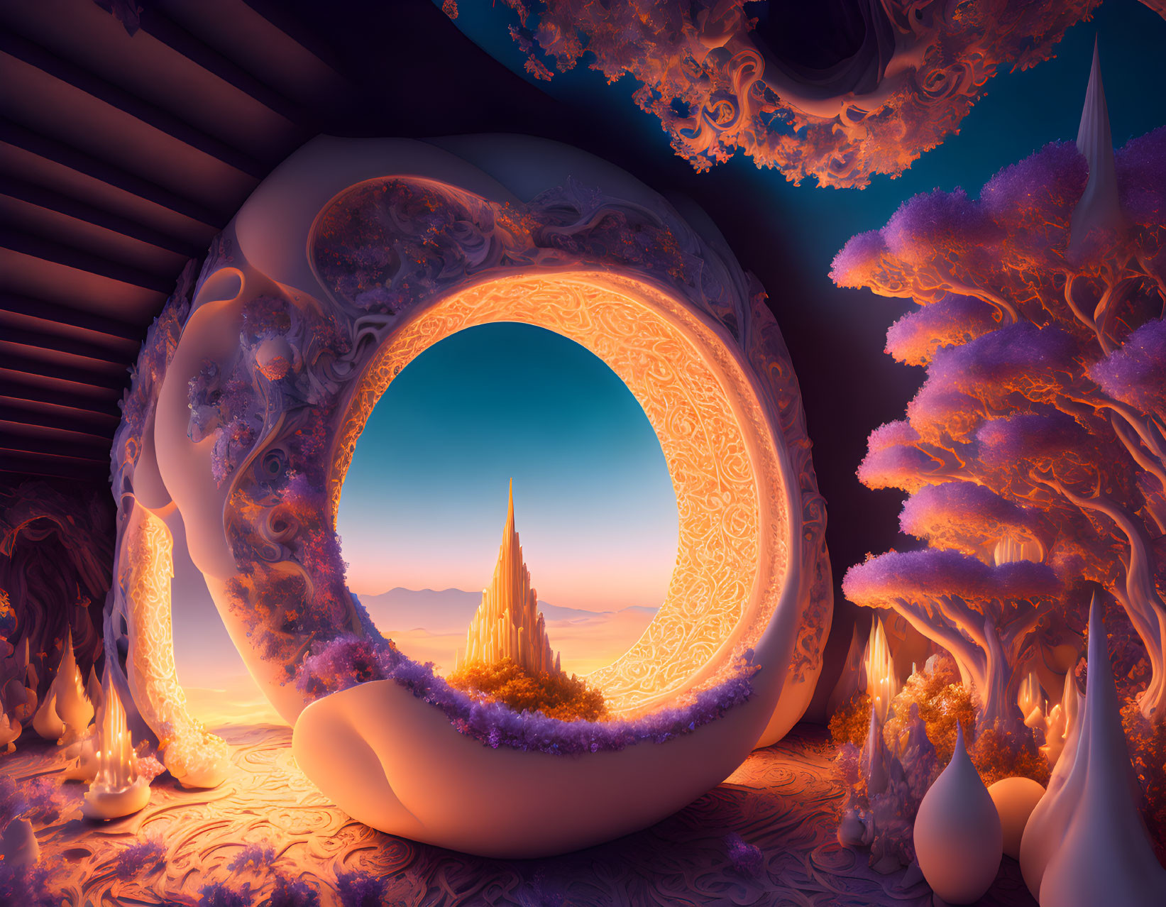 Surreal landscape with ornate portal, distant spire, alien flora, and vibrant sunset sky