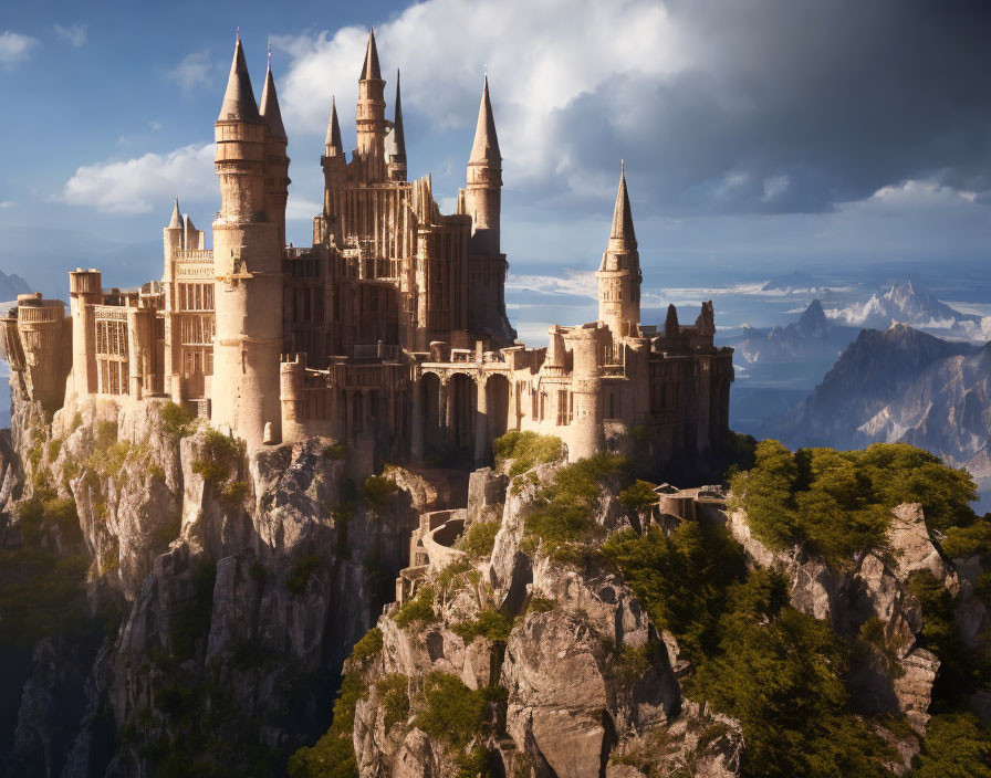 Castle on steep mountain cliff with dramatic sunlight and dark clouds