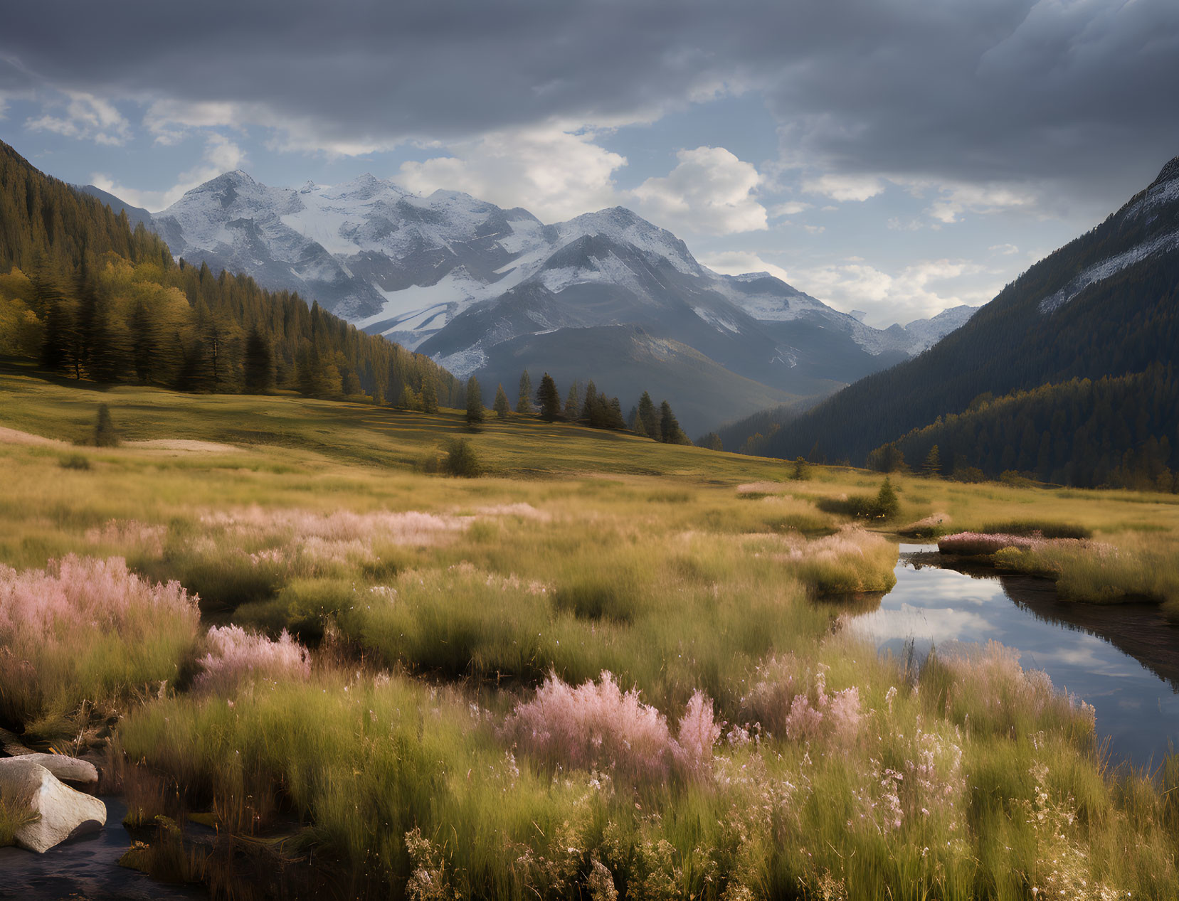 Snow-capped mountains, meandering river, pine trees, wildflowers under cloudy sky