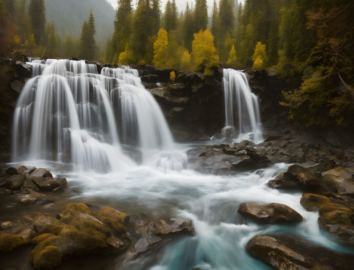 Tranquil waterfall in lush autumn forest landscape