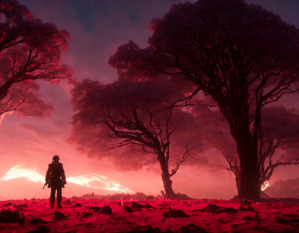 Person standing before fiery landscape with pink sky, silhouetted trees, and flowing lava.