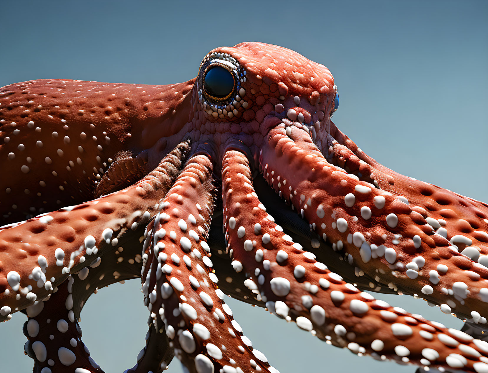 Red octopus close-up with textured skin and prominent eye against blue sky