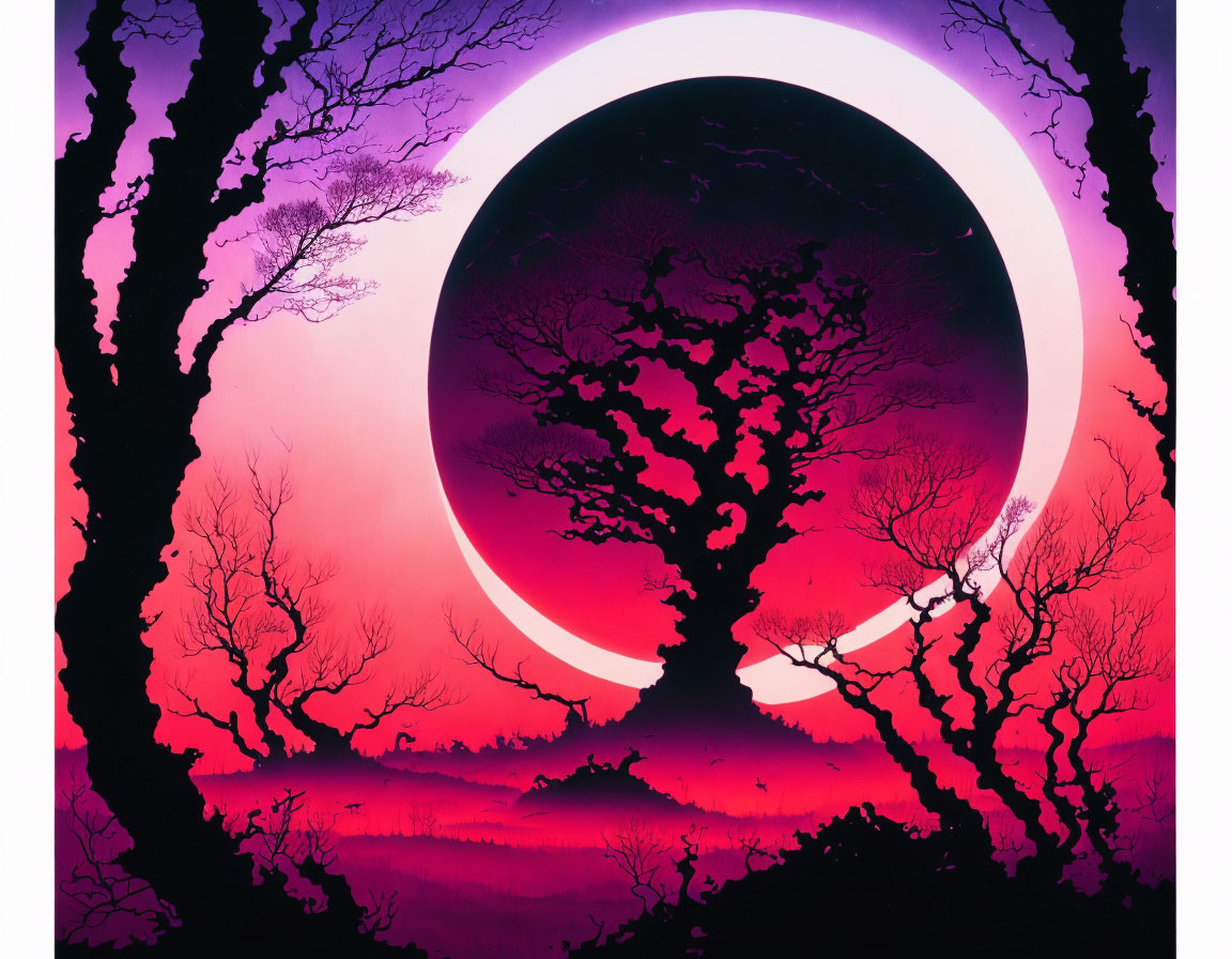 Surreal purple and white circle in vibrant sky framed by silhouetted trees