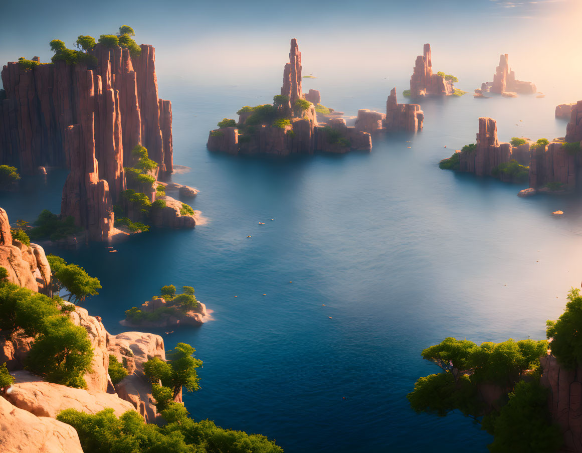 Tranquil digital landscape with towering rock formations in warm golden light