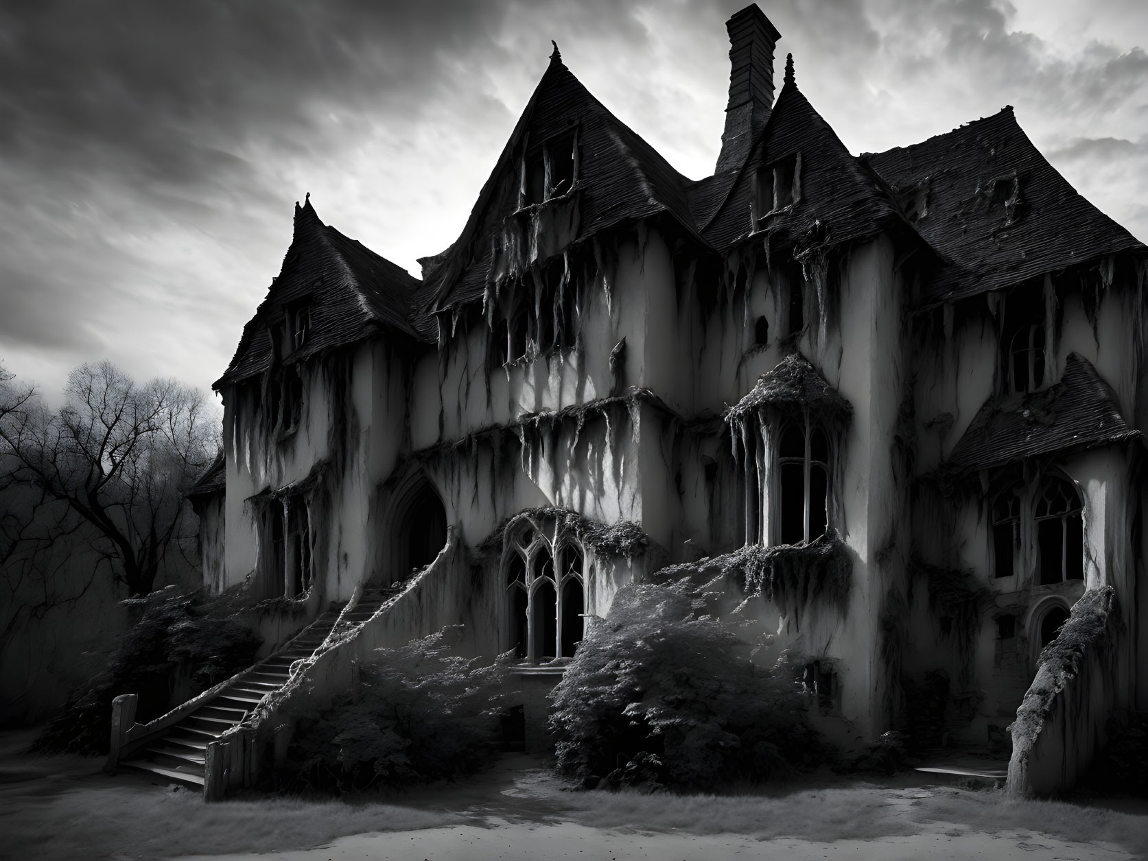 Gothic-style mansion engulfed in vines under gloomy sky