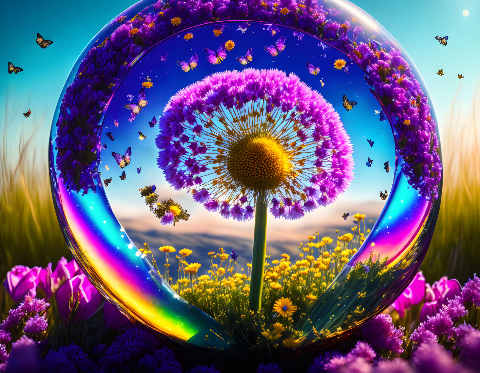 Colorful Butterfly Bubble with Oversized Dandelion in Meadow