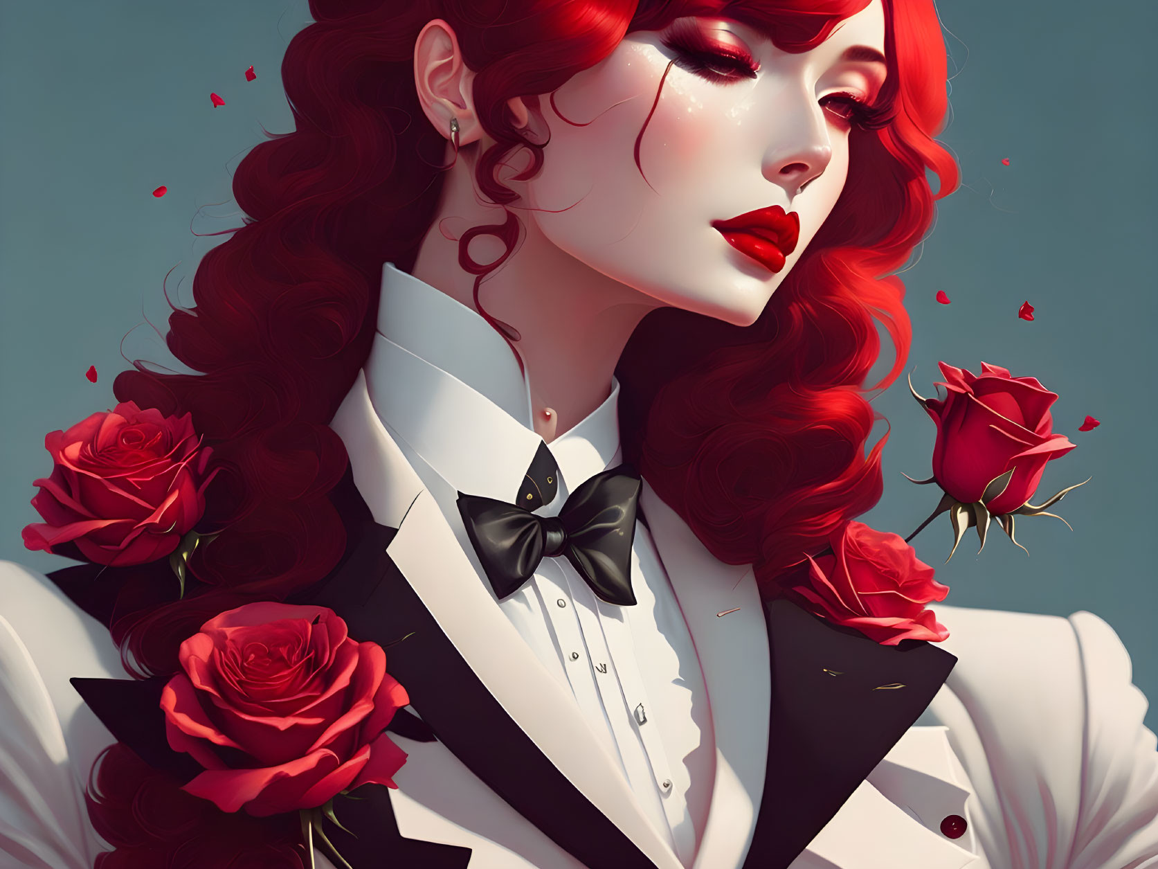 Vibrant red hair and lips person in white tuxedo with red roses on teal background.