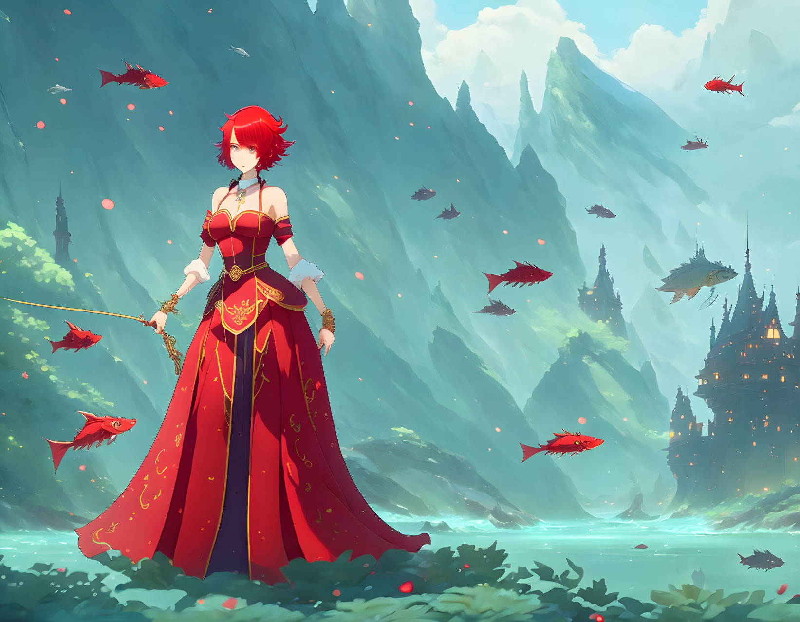 Red-Haired Character in Elegant Attire by Serene Lake with Flying Fish