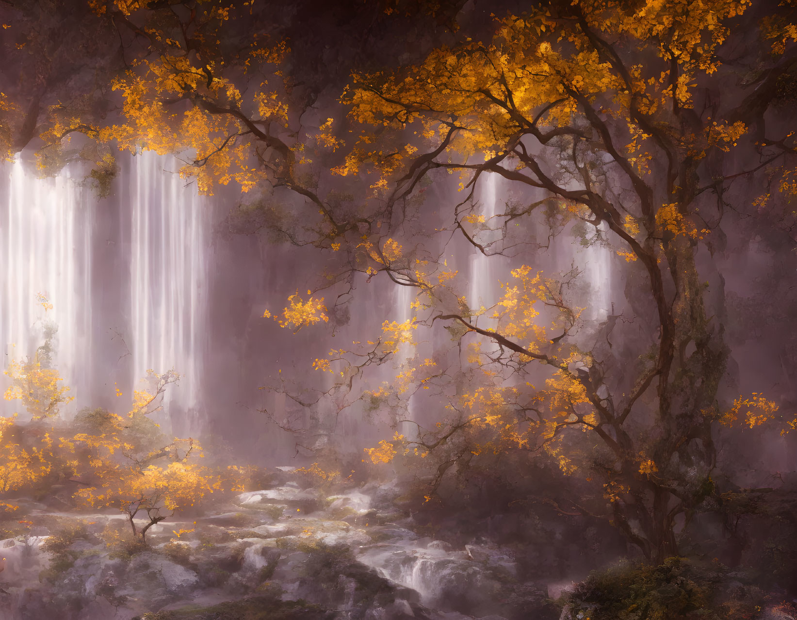 Golden-leaved trees and a waterfall in a mystical forest scene