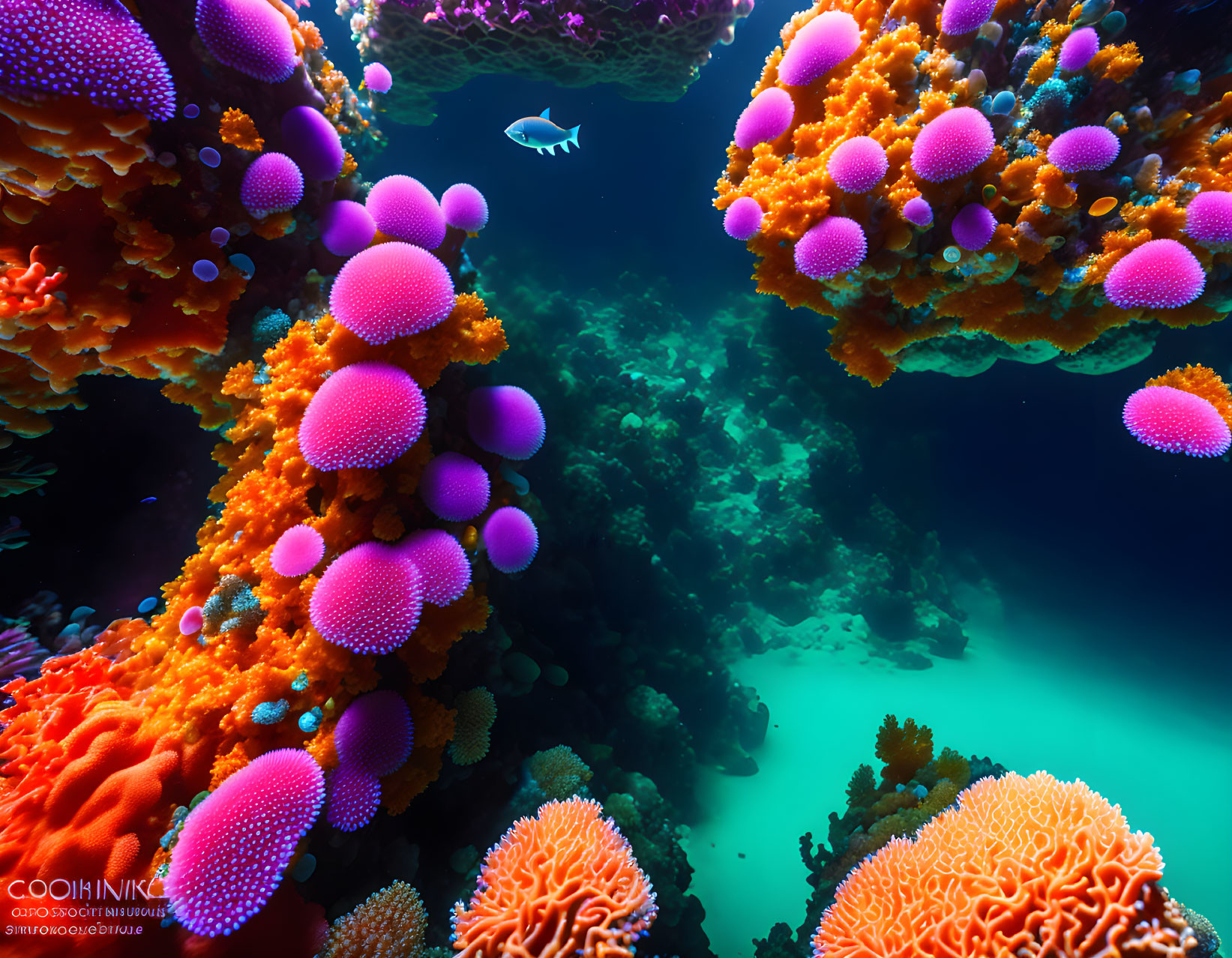 Colorful Orange and Purple Corals in Deep Blue Underwater Scene