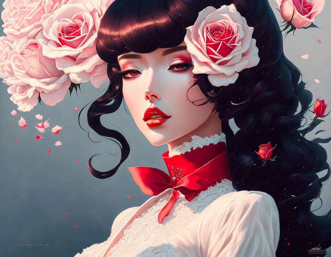 Illustration of woman with dark hair, pink roses, red lips, and lace collar