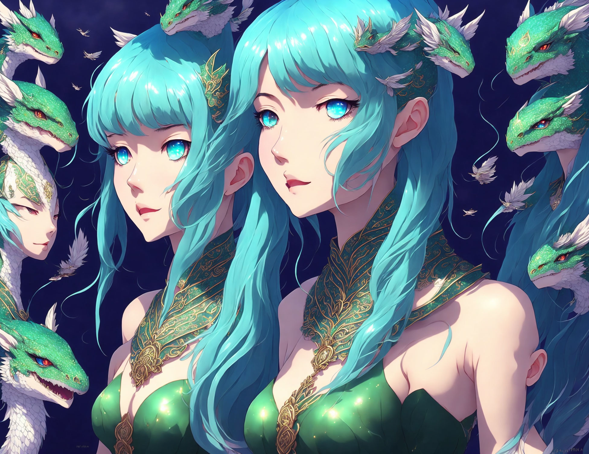 Twin Female Characters with Turquoise Hair and Eyes in Green Attire and Feathers surrounded by Ser