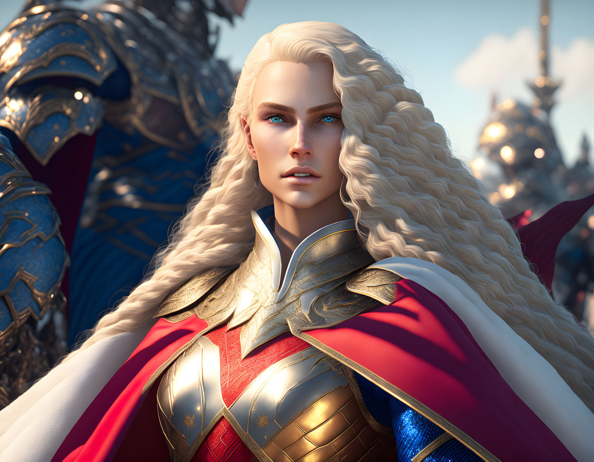 Digital artwork of female warrior with blond hair, blue eyes, detailed armor, cape, and fantasy background