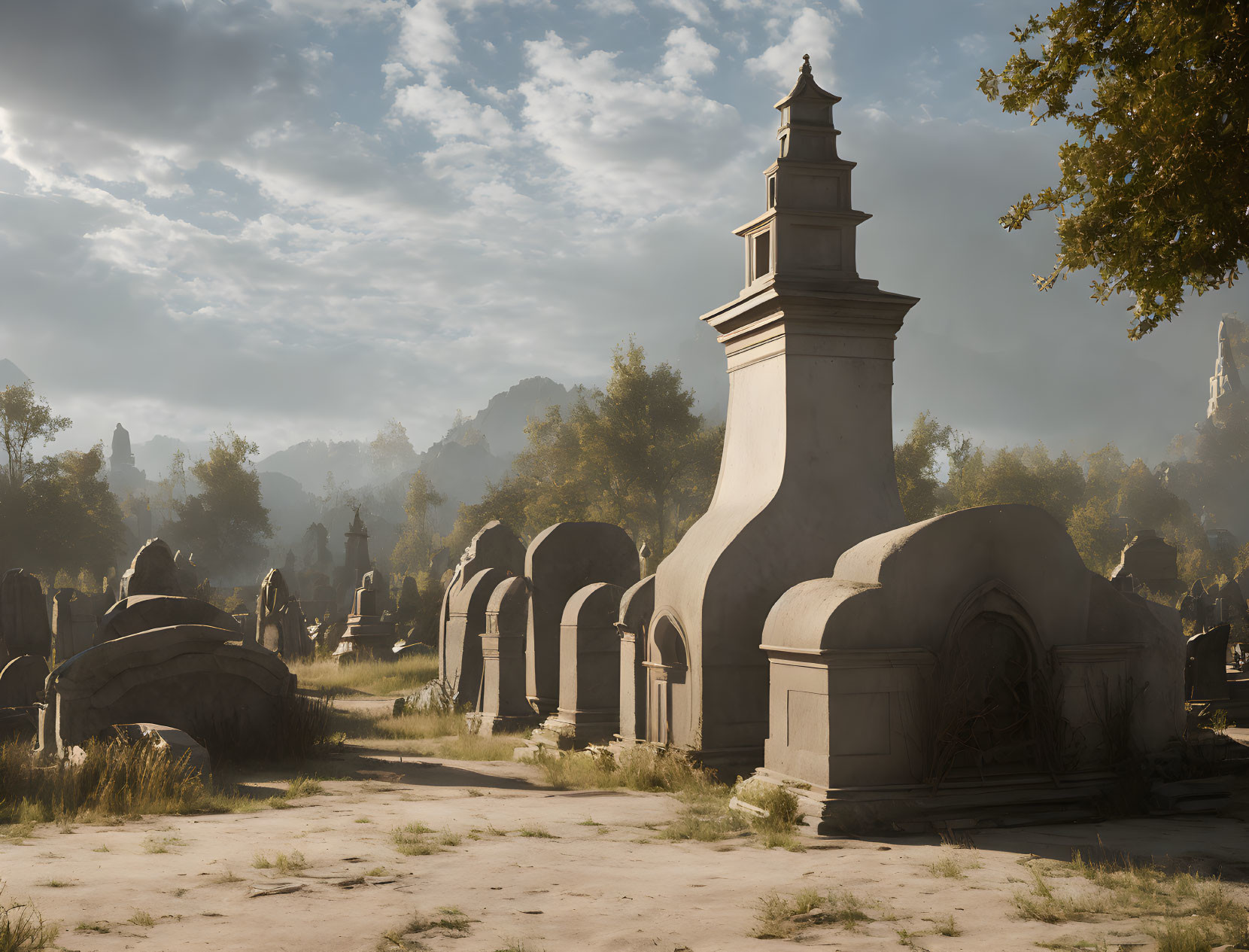 Ornate stone tombs in serene old cemetery