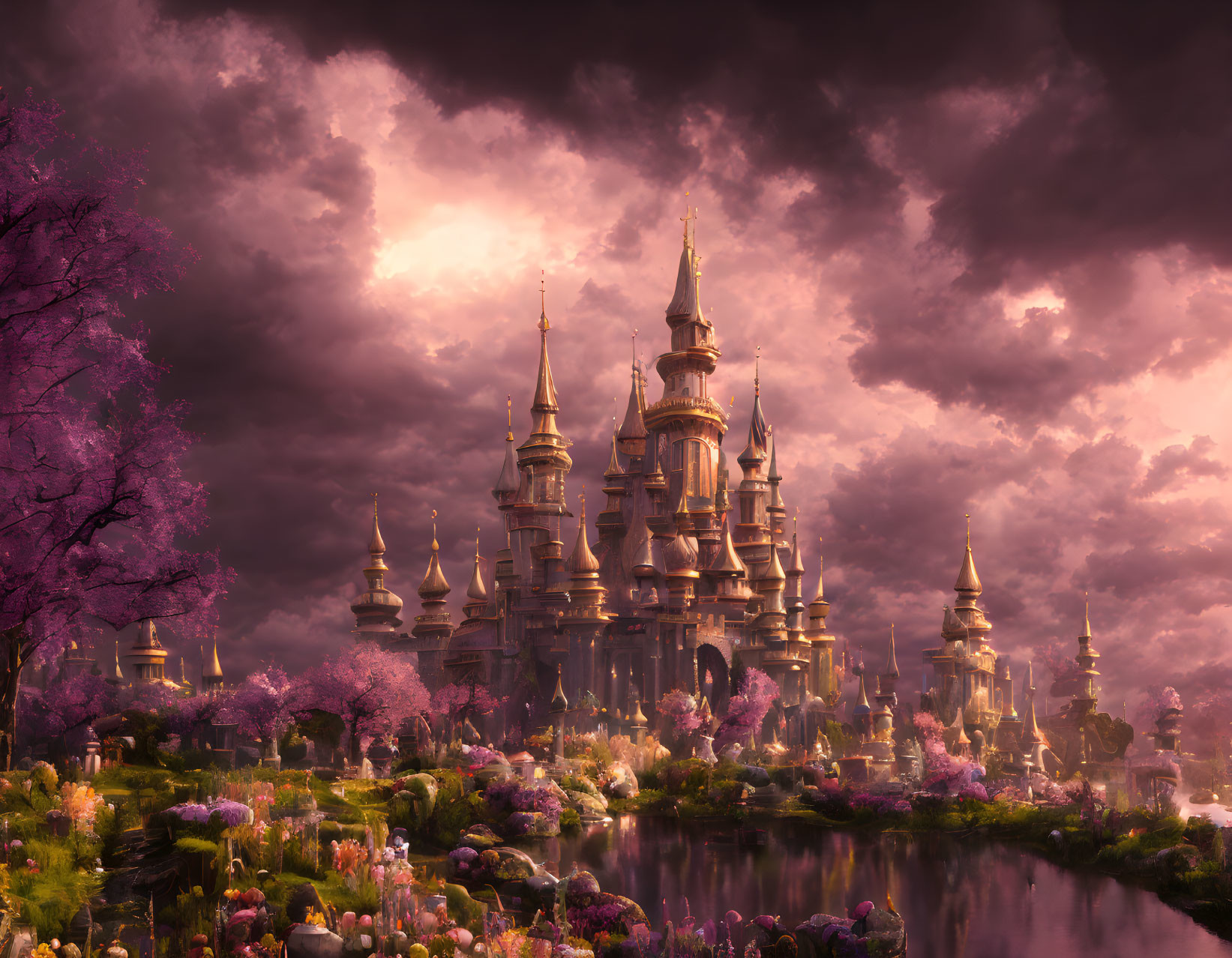 Fantastical castle in pink-hued landscape at sunset