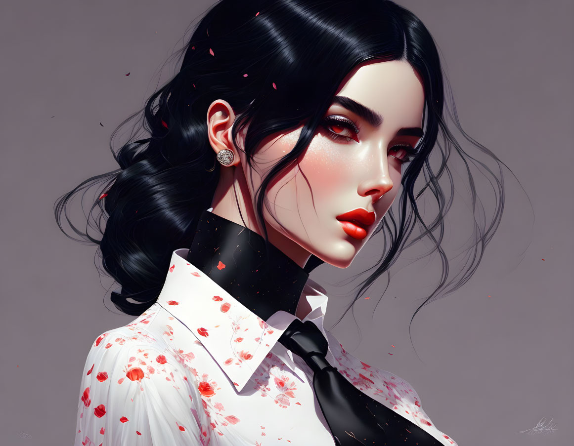 Digital artwork featuring woman with black hair, red lips, white blouse, choker & earring