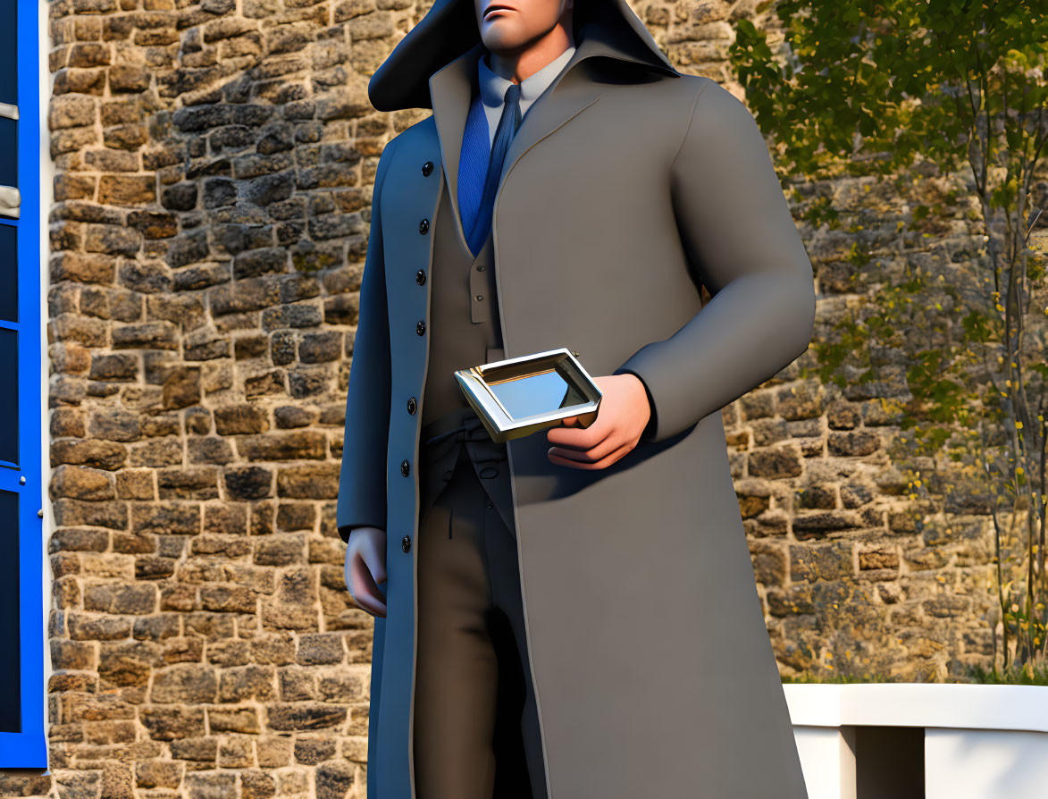 3D-rendered man in trench coat holding book by blue phone booth