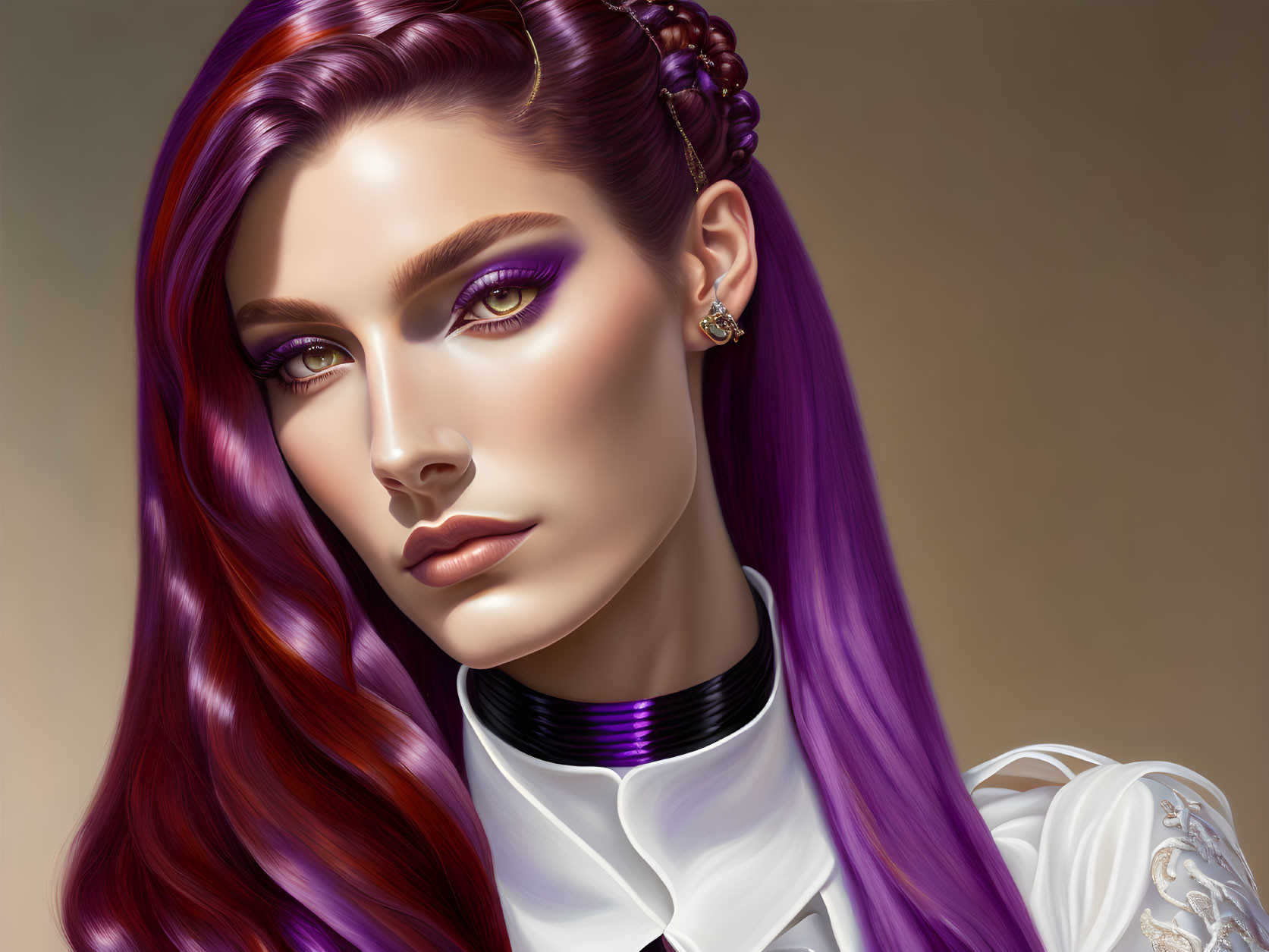 Vibrant digital portrait of woman with purple hair and striking makeup