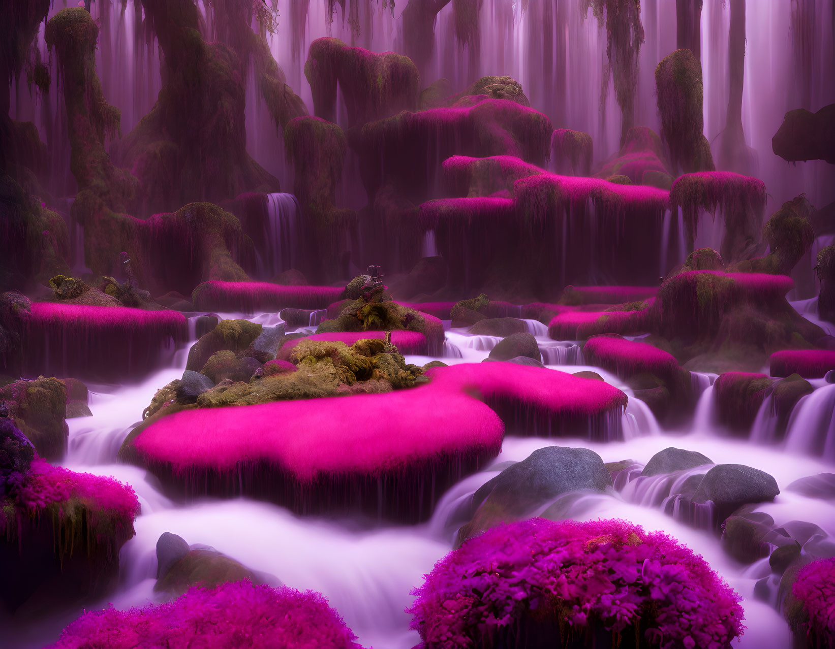 Vibrant pink and green moss-covered rocks in surreal landscape