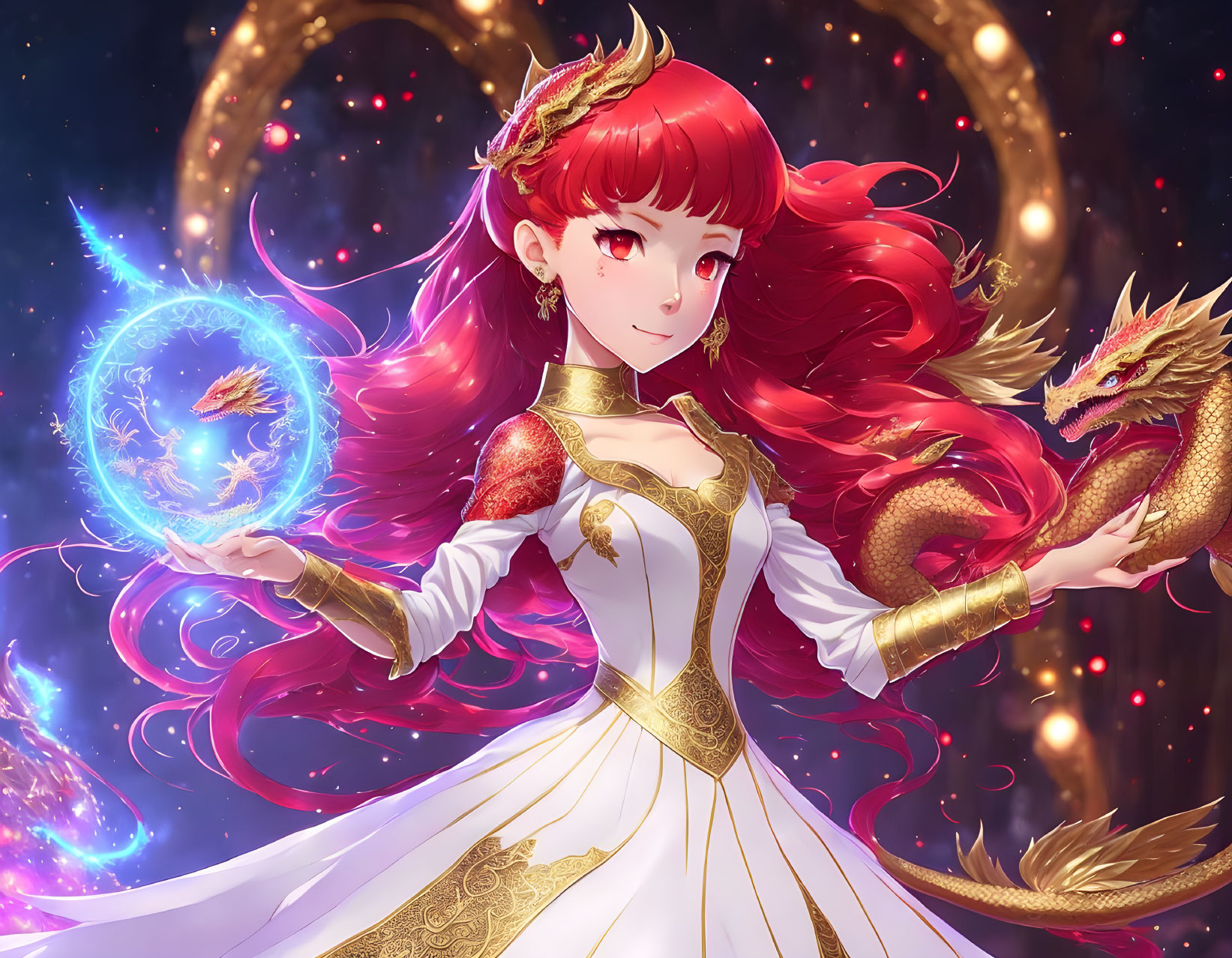 Fantastical anime-style image of girl with red hair holding glowing orb with fish and golden dragon.