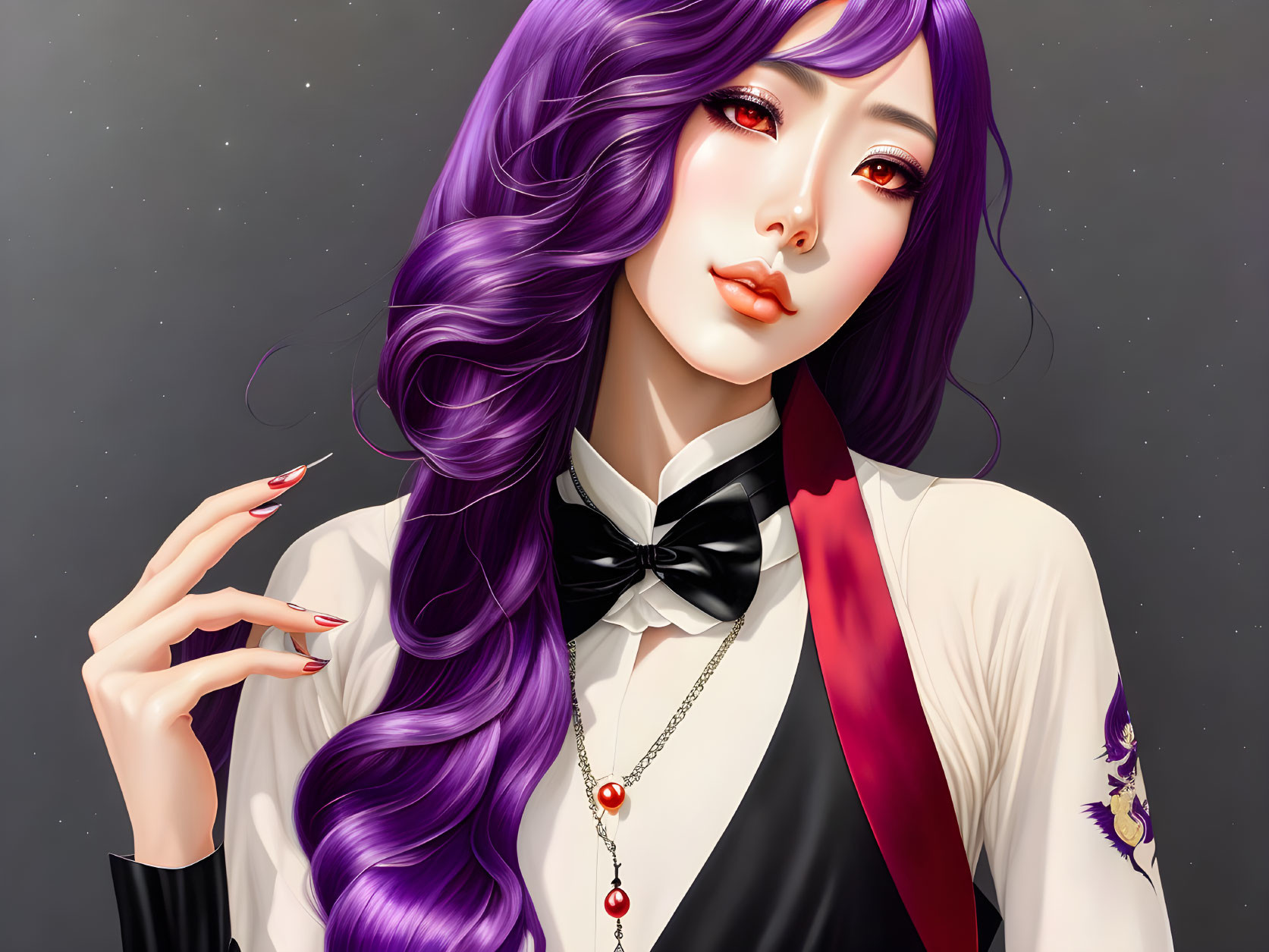 Detailed Illustration: Woman with Long Purple Hair, Red Eyes, White Blouse, Black & Red