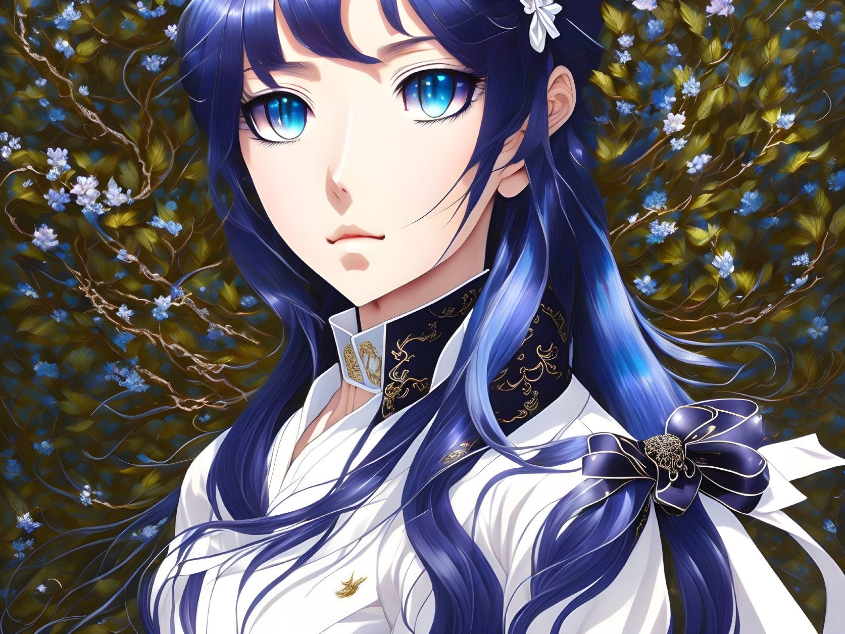 Blue-haired female character in white and gold outfit with floral backdrop