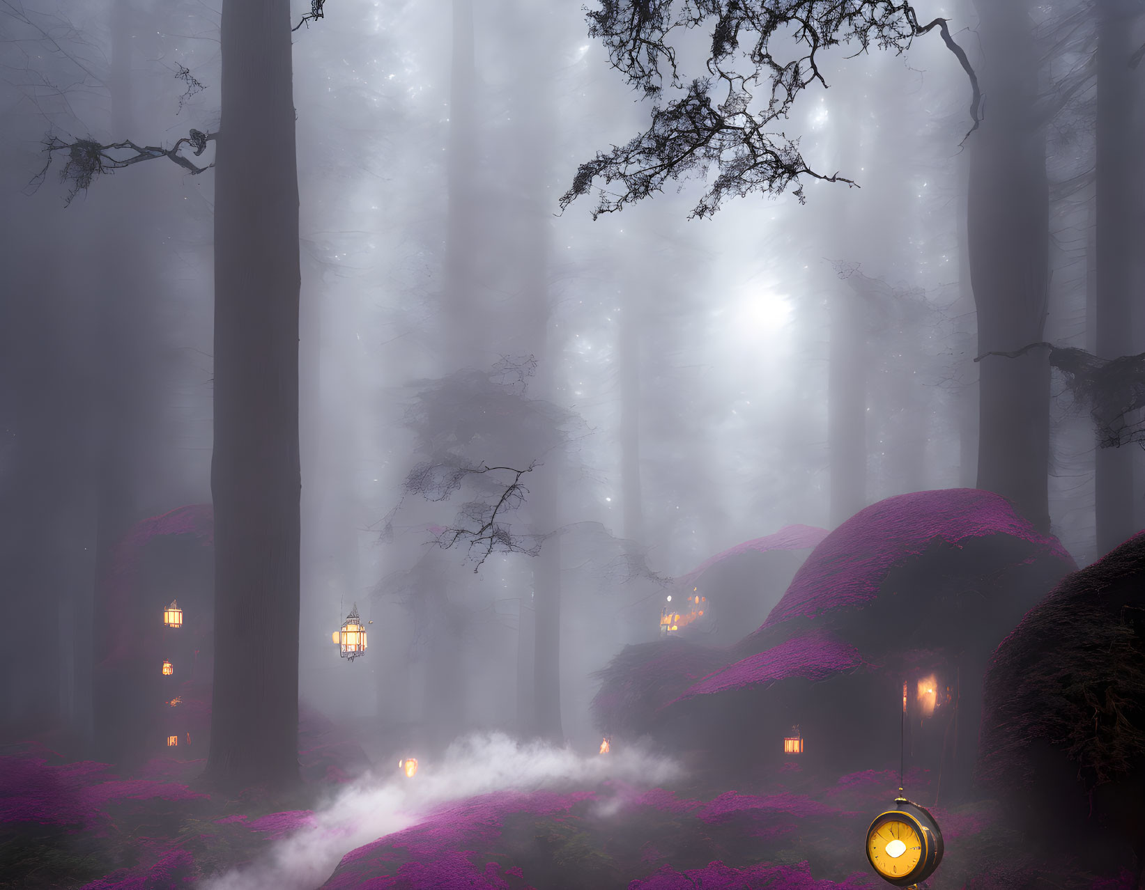 Enchanted forest with fog, lantern light, pink foliage, and soft sun glow