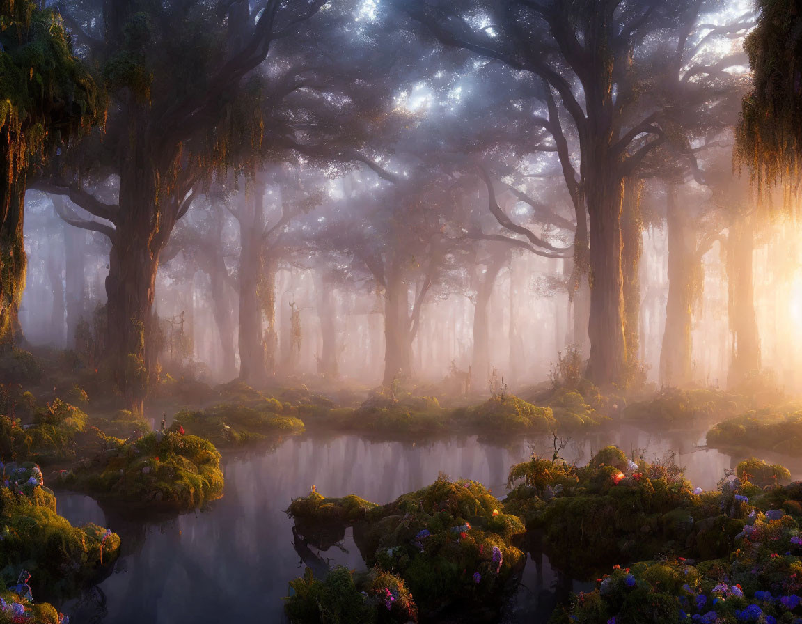 Enchanting forest with sun rays, fog, moss-covered trees, flowers, stream