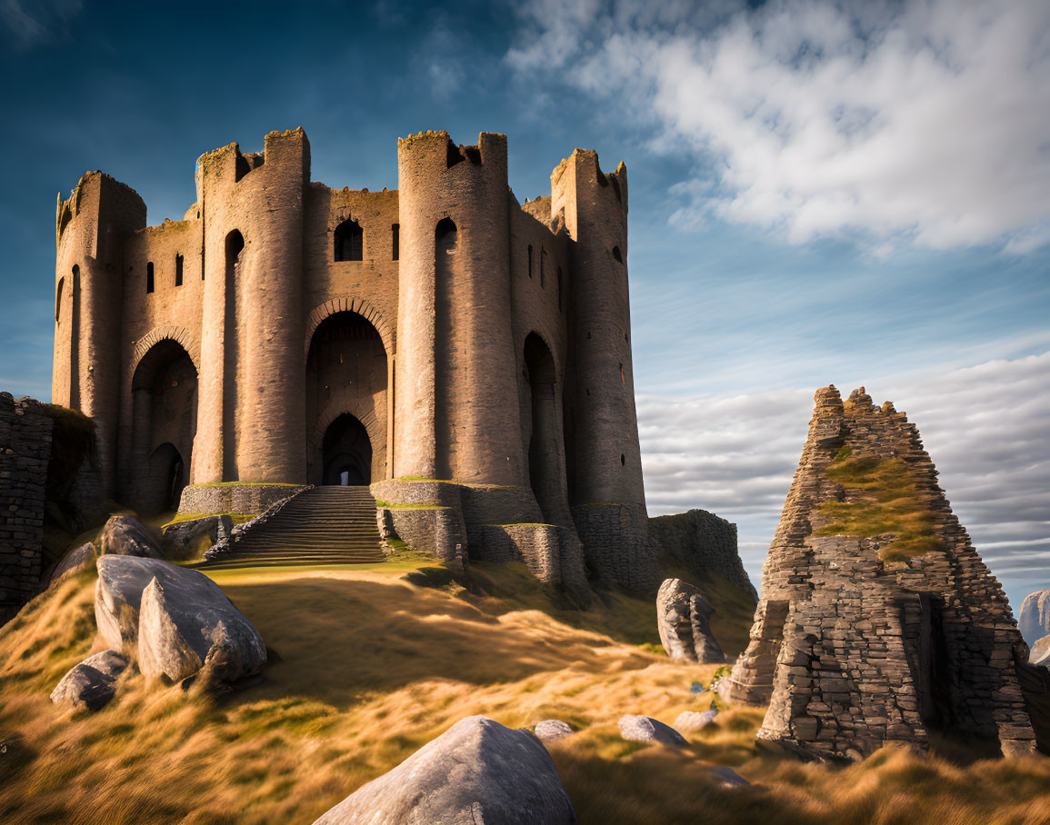 Medieval castle with tall towers on grassy hill under dramatic sky