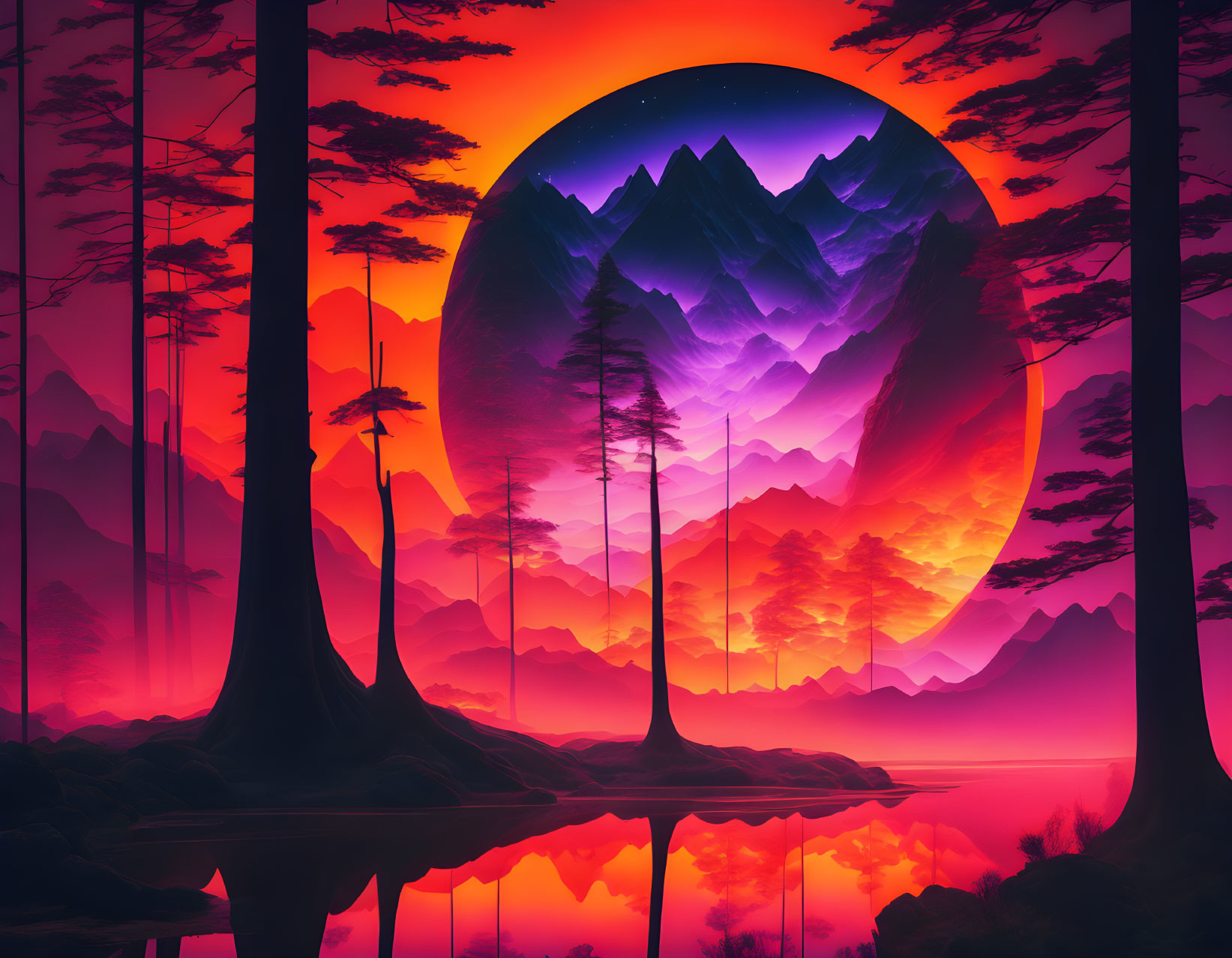 Surreal landscape with red sun, purple mountains, forest, and reflective waters