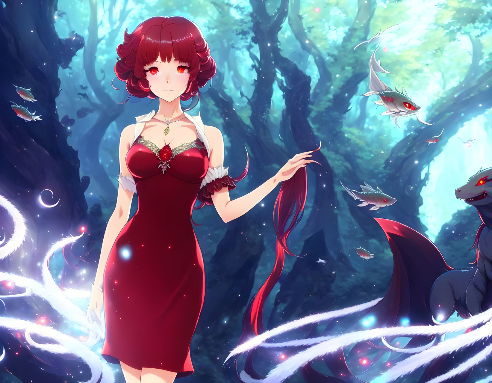 Red-haired girl in forest with mythical creatures and floating fish under ethereal light