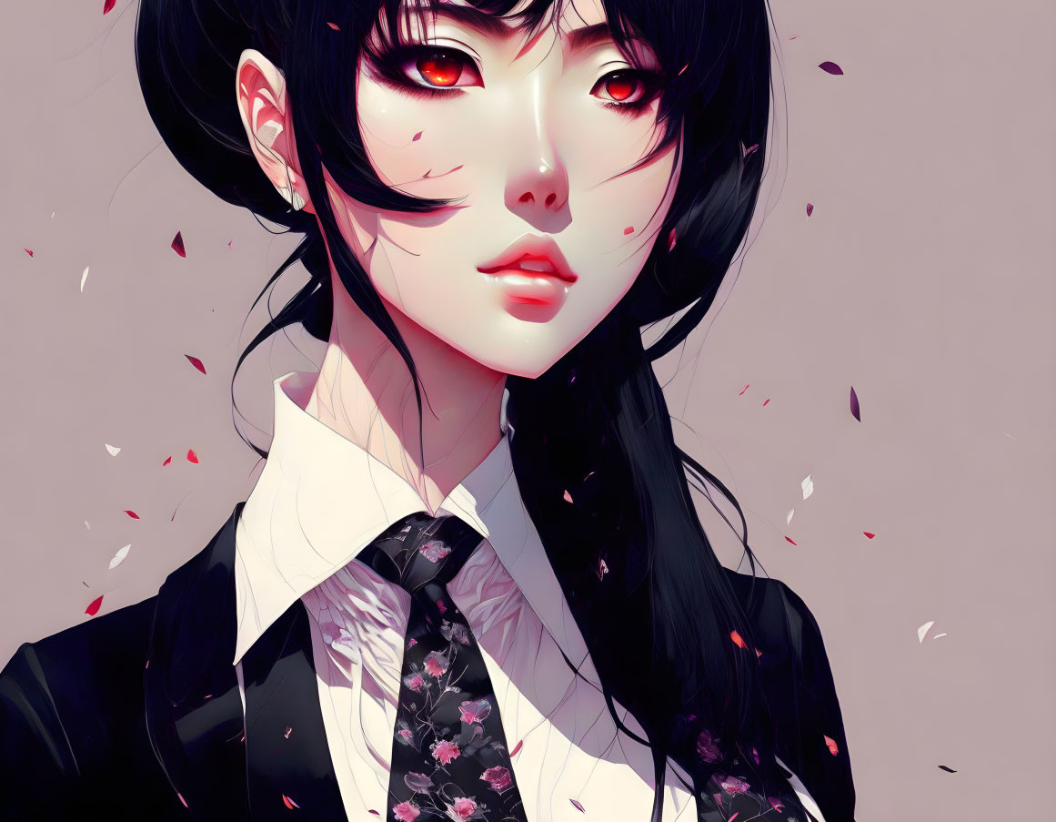 Anime-style female character with red eyes, black hair, and falling red petals on pale pink background