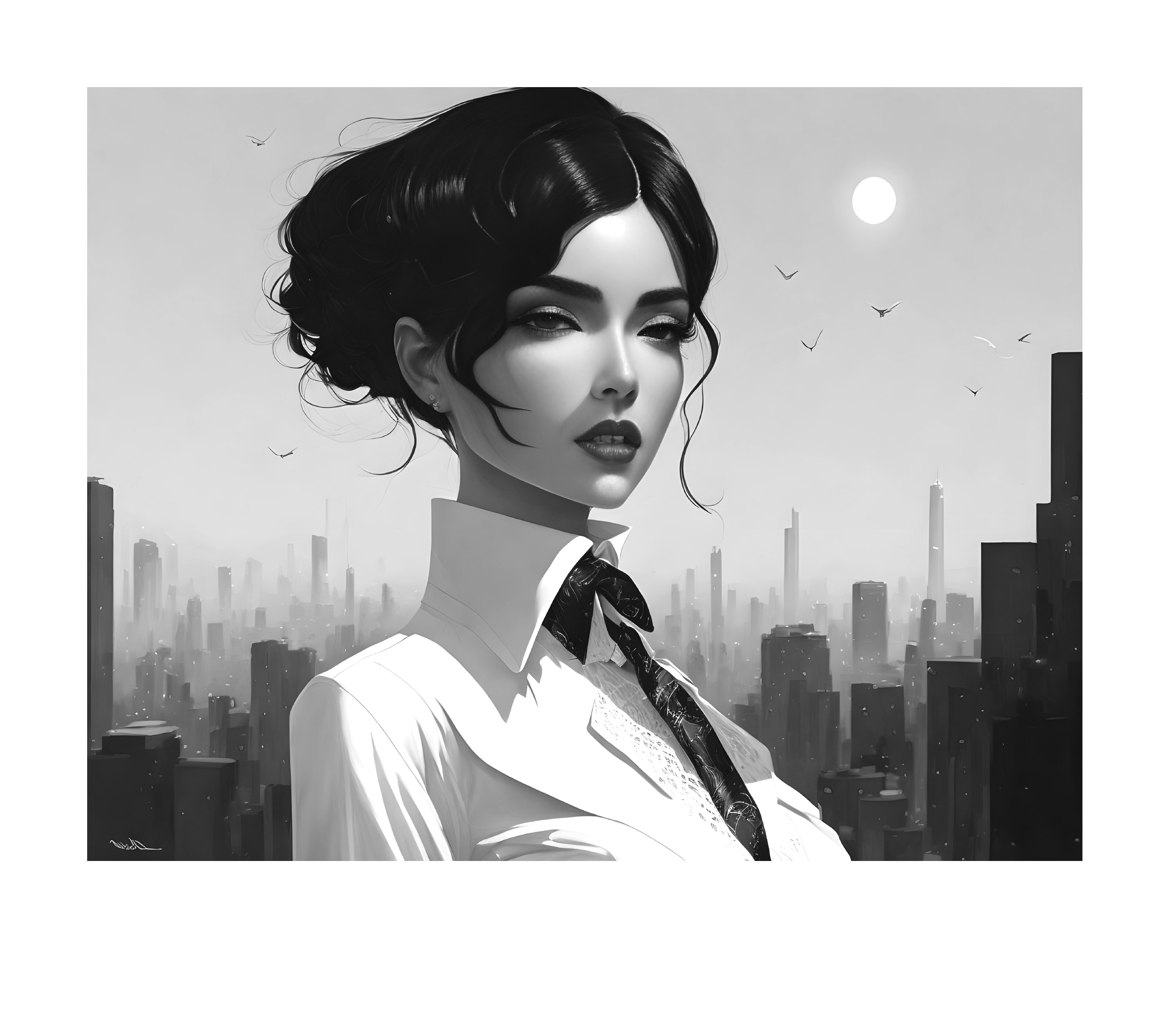 Monochrome digital art of a woman with elegant hair in shirt and tie, cityscape backdrop