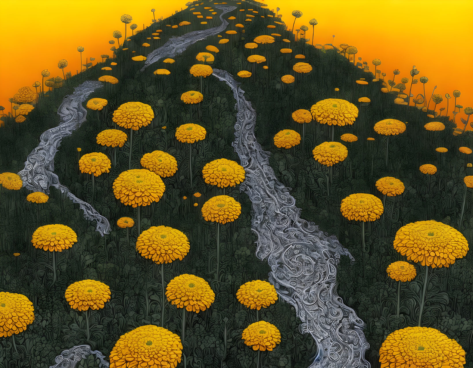 Colorful Illustration: River winding through hills with oversized yellow flowers under orange sky