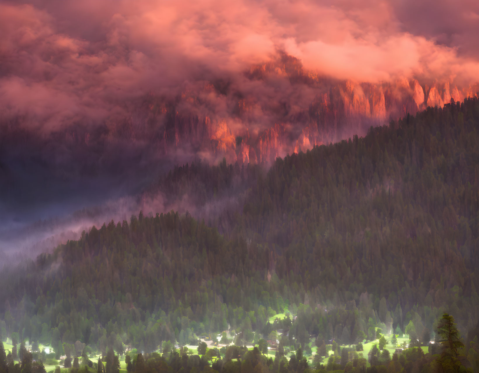 Surreal landscape: fiery sky, misty forest, glowing lights