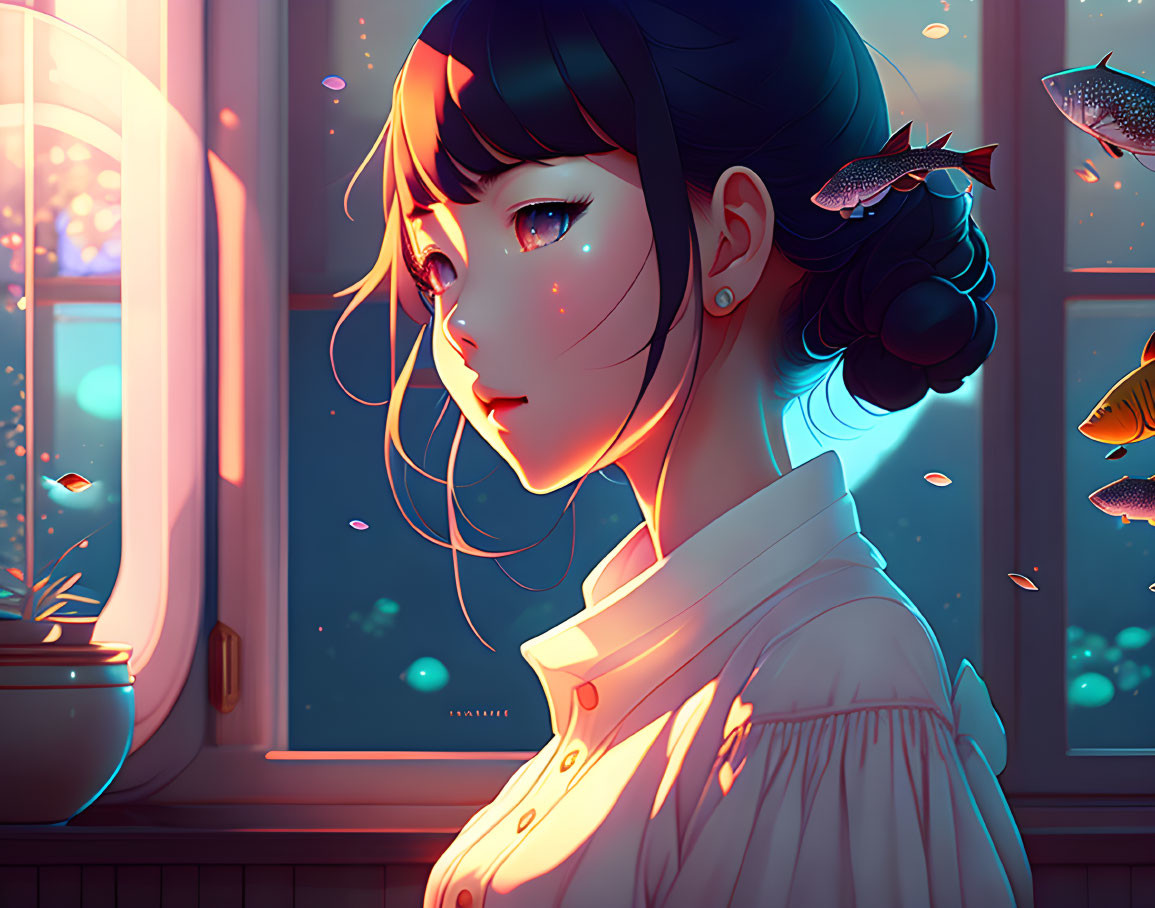 Digital artwork of girl with dark hair gazing out window at night with fish swimming in the air