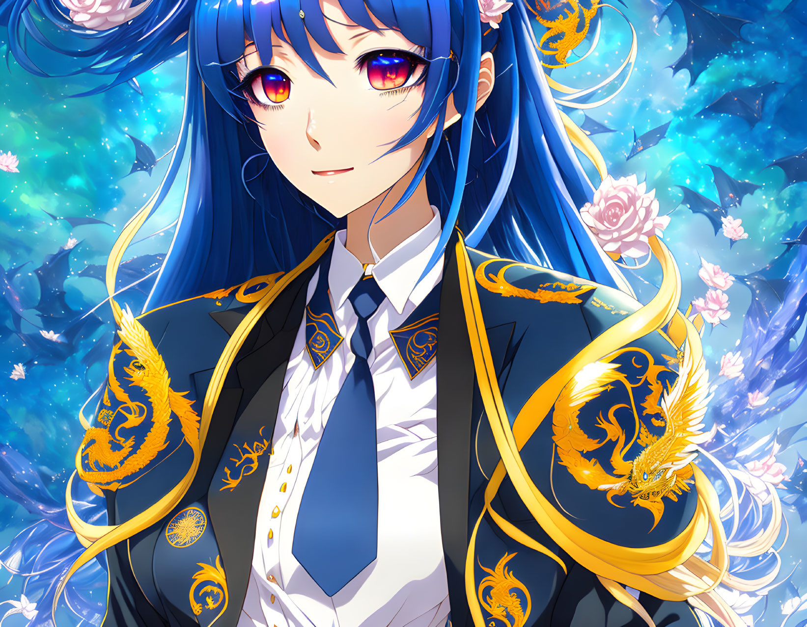 Blue-haired girl in black and gold uniform with floral and dragon motifs in anime-style illustration