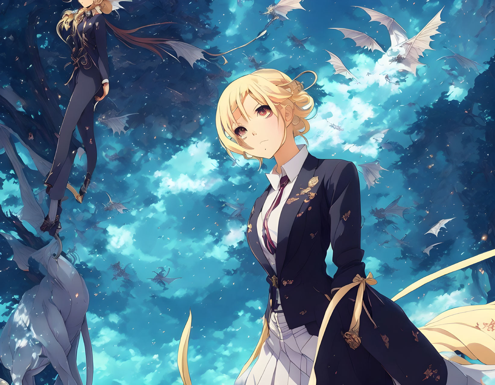 Blonde girl with yellow eyes in black uniform among falling feathers under blue sky