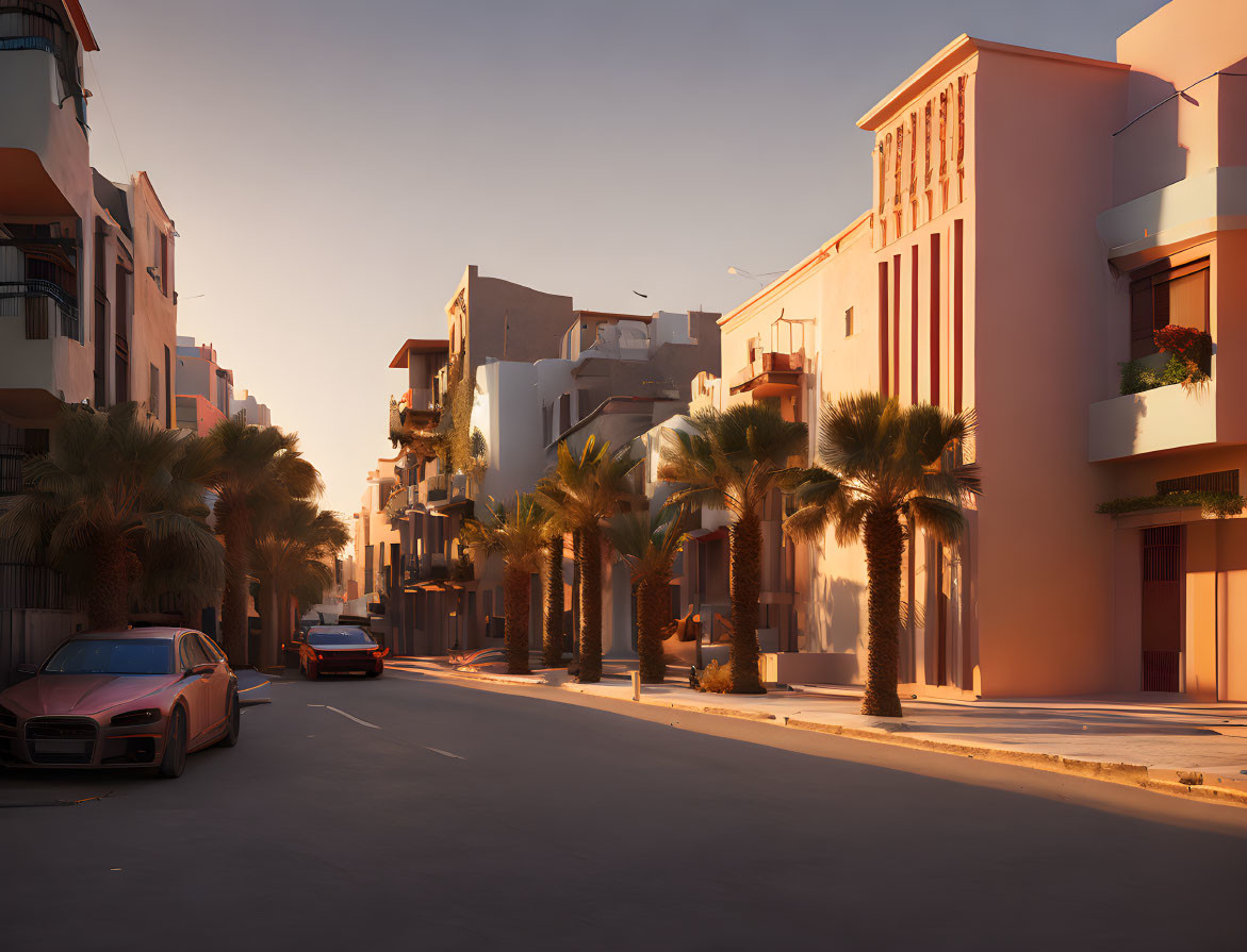 Modern buildings and palm trees on a serene sunlit street